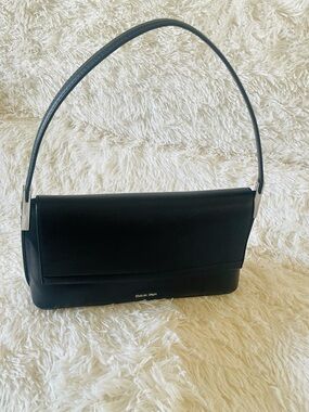 Calvin Klein Black Leather Shoulder Bag with Silver Accents